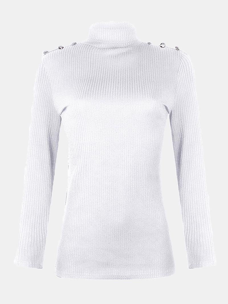 Women Turtleneck Solid Color Button Long Sleeve Basic Sweater - MRSLM