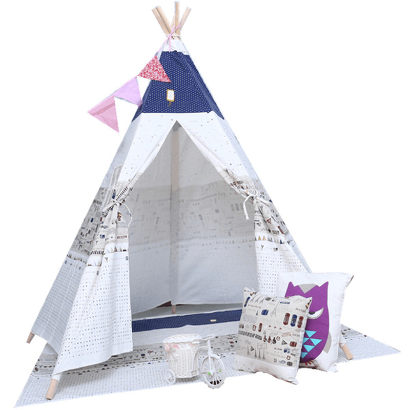 120 X 120 X 160Cm Children Game Tent Foldable White and Blue Ribbon Pattern Teepee - MRSLM