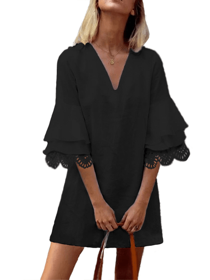Solid Color Lace Ruffle V-Neck Half Sleeve V-Neck Casual Dress for Women - MRSLM