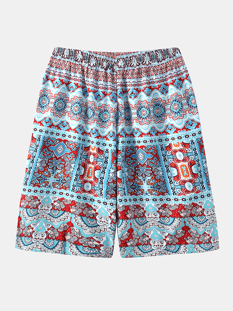 Mens Ethnic Style Print Drawstring Holiday Casual Shorts with Pocket - MRSLM