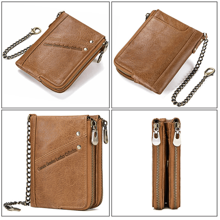 RFID Genuine Leather Casual 10 Card Slot Multifunction Wallet Double Zipper Men Coin Bag - MRSLM