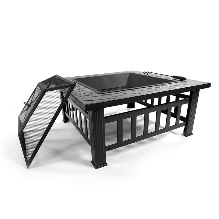 Outdoor Portable 32'' Metal Fire Pits Camping BBQ Square Table Backyard Patio Garden Stove Wood Burning Fireplace - MRSLM