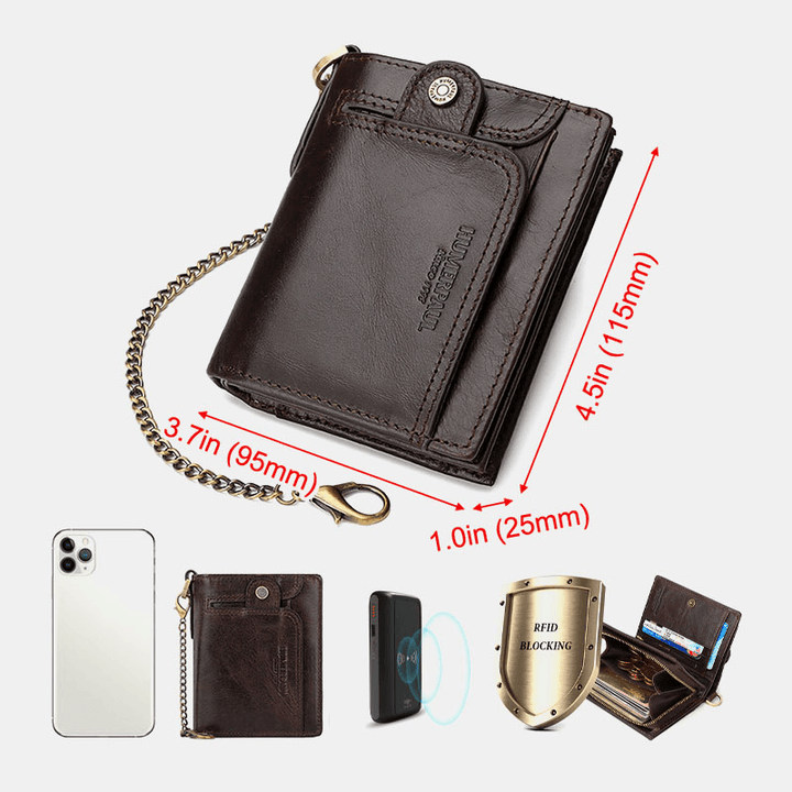 Men Genuine Leather RFID Anti-Theft Zipper Multi-Slot Card Holder Wallet with Chain - MRSLM