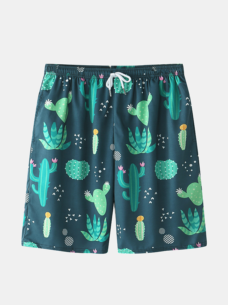 Mens Cactus Plant Print Lapel Drawstring Shorts Holiday Two Pieces Outfits - MRSLM