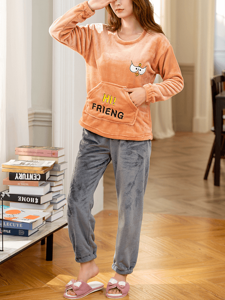 Women Flannel Letter Animal Embroidery round Neck Pullover Warm Cozy Elastic Cuff Pajamas Set - MRSLM