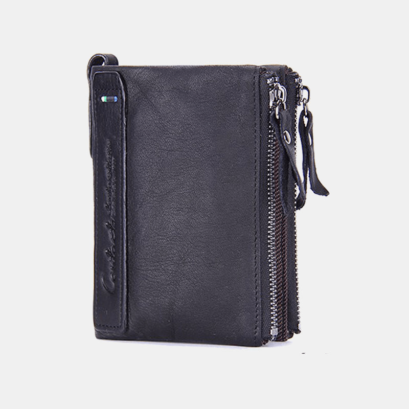 Genuine Leather Multifunction Multi-Slot Double Zipper Casual Brief Solid Color Card Holder Wallet - MRSLM