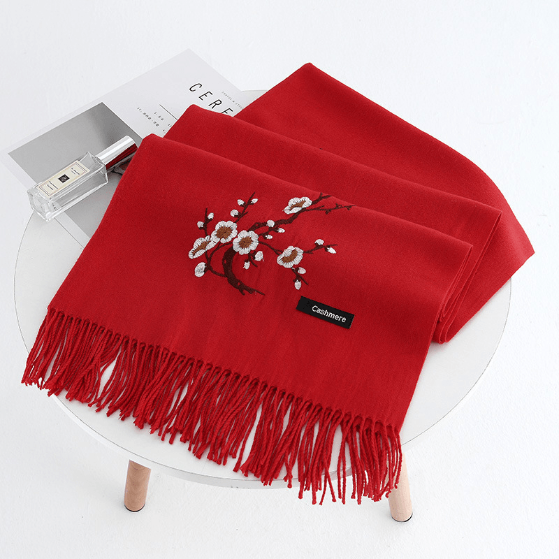 Women Winter Cashmere-Like Plum Embroidery Tassel Scarf - MRSLM