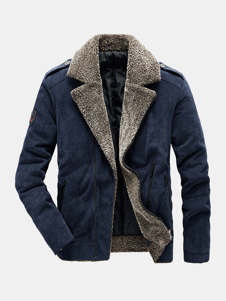 Mens Vintage Corduroy Solid Color Thicken Fleece Lapel Casual Warm Jacket - MRSLM