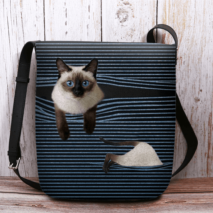 Women Felt Cute Cartoon Cat Stripes Pattern Multi-Carry Crossbody Bag Shoulder Bag - MRSLM