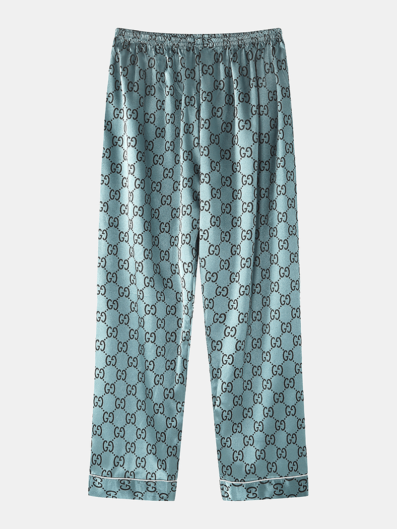 Mens Print Faux Silk Chest Pocket Short Sleeve Elastic Waist Thin Home Pajama Set - MRSLM
