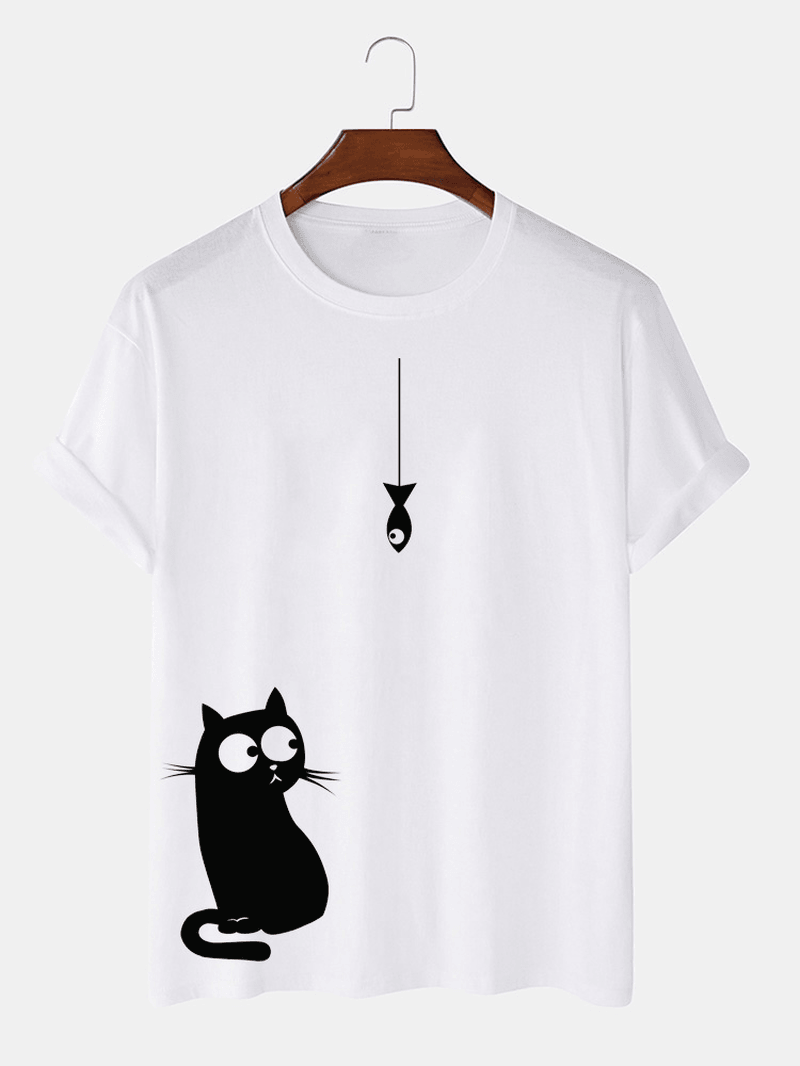 100% Cotton Cartoon Cat Print round Loose Neck Short Sleeve T-Shirts - MRSLM