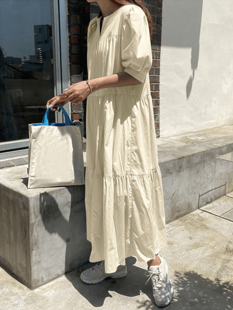 Pleated Tiered V-Neck Half Puff Sleeve Solid Color Casual Maxi Dresses for Women - MRSLM