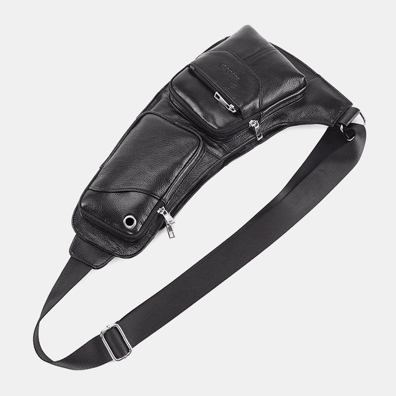 Men Solid Genuine Leather Headphone Plug Crossbody Bag Chest Bag Sling Bag - MRSLM