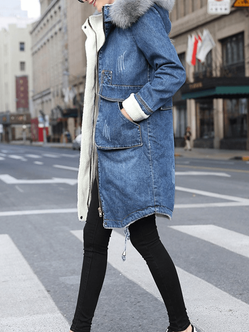 Casual Women Faux Fur Collar Double Pocket Thick Denim Coat - MRSLM