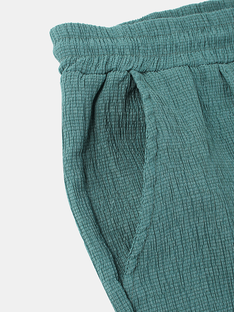 Cotton Mens Solid Drawstring Pocket Texture Casual Pants - MRSLM