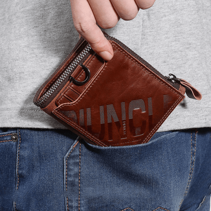 Men Genuine Leather RFID Blocking Card Holder Bifold Wallet Purse Zipper Wallet - MRSLM