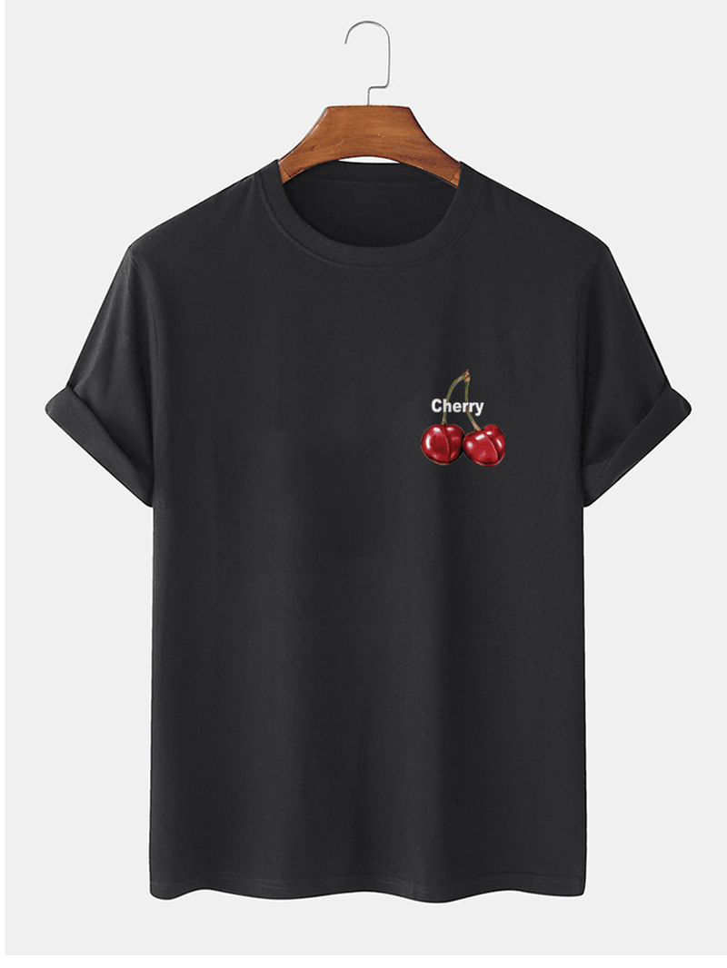 Mens 100% Cotton Cherry Pattern Letter Print Short Sleeve T-Shirts - MRSLM