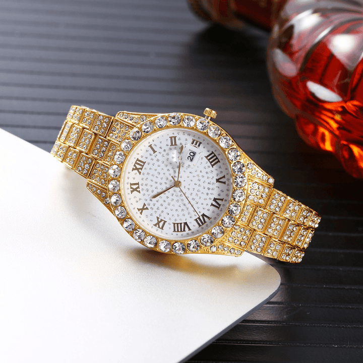Fashion 2 Pcs/Set Alloy Diamond Business Watch Decorated Pointer Quartz Watch Bracelet - MRSLM