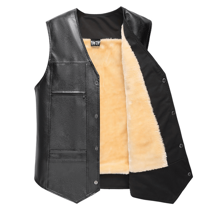 Mens Fleece Liner Winter Warm Black Faux Leather Vest Business Casual Sleeveless Waistcoat - MRSLM