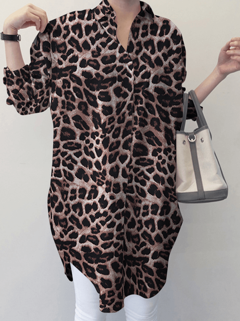 Women Spliced Leopard Printed Side Fork Turn-Down-Collar Button Knee Length Casual Shirts - MRSLM