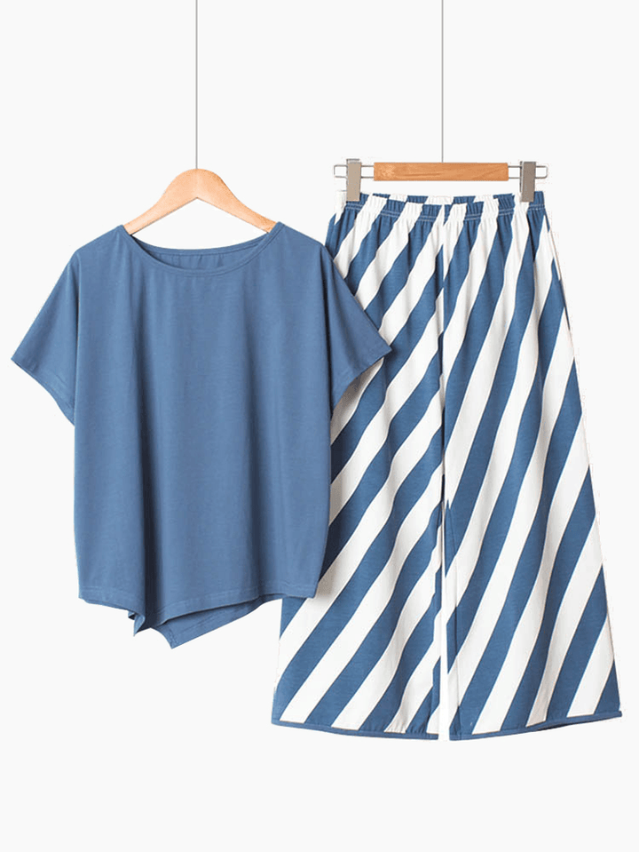 Cotton Short Sleeve O Neck Stripe Pants Loose Pajama Set - MRSLM