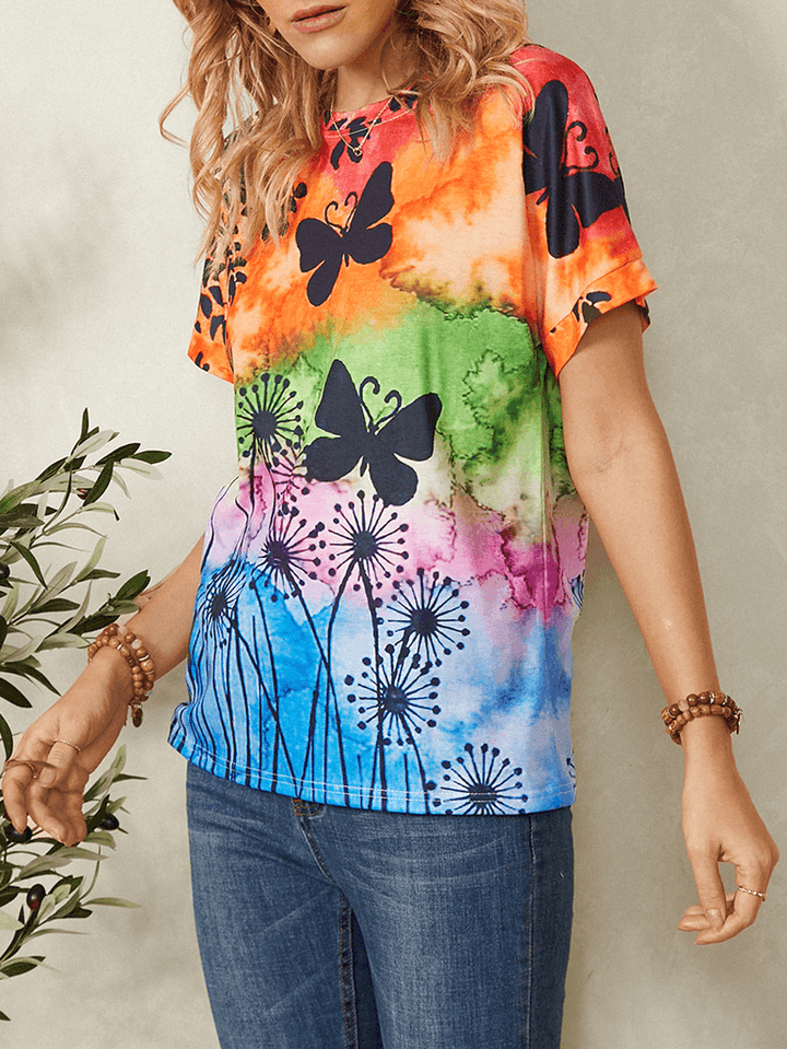 Women All over Butterfly Print round Neck Casual Short Sleeve T-Shirts - MRSLM
