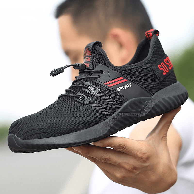 Men Breathable Fabric Soft Sole Non Slip Elastic Lace Comfy Working Labor Safety Shoes - MRSLM