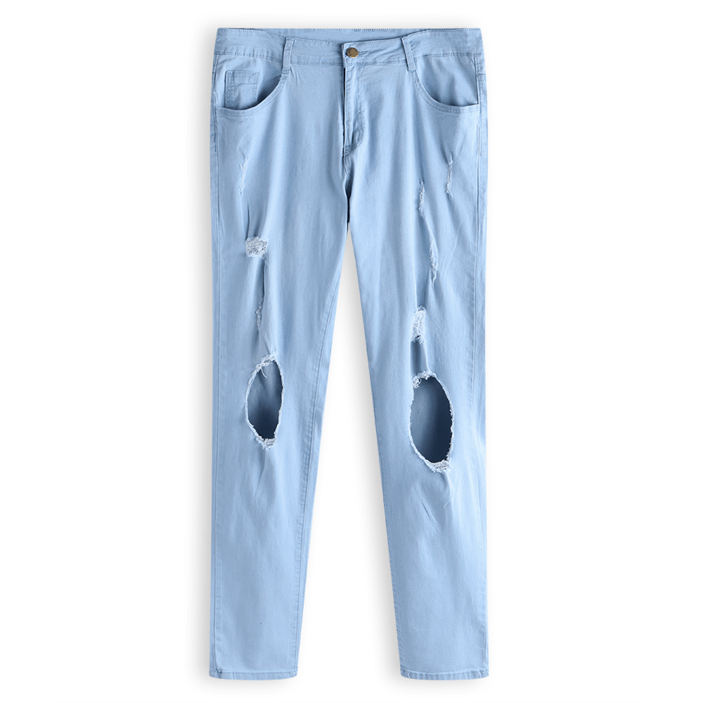 Mens Denim Pants Holes Slim Fashion Mid Rise Jeans - MRSLM