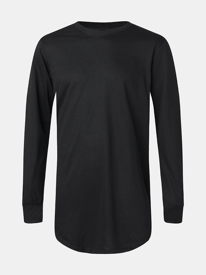 Mens Solid Color Cotton Ripped Cuff Long Sleeve Loose T-Shirts - MRSLM