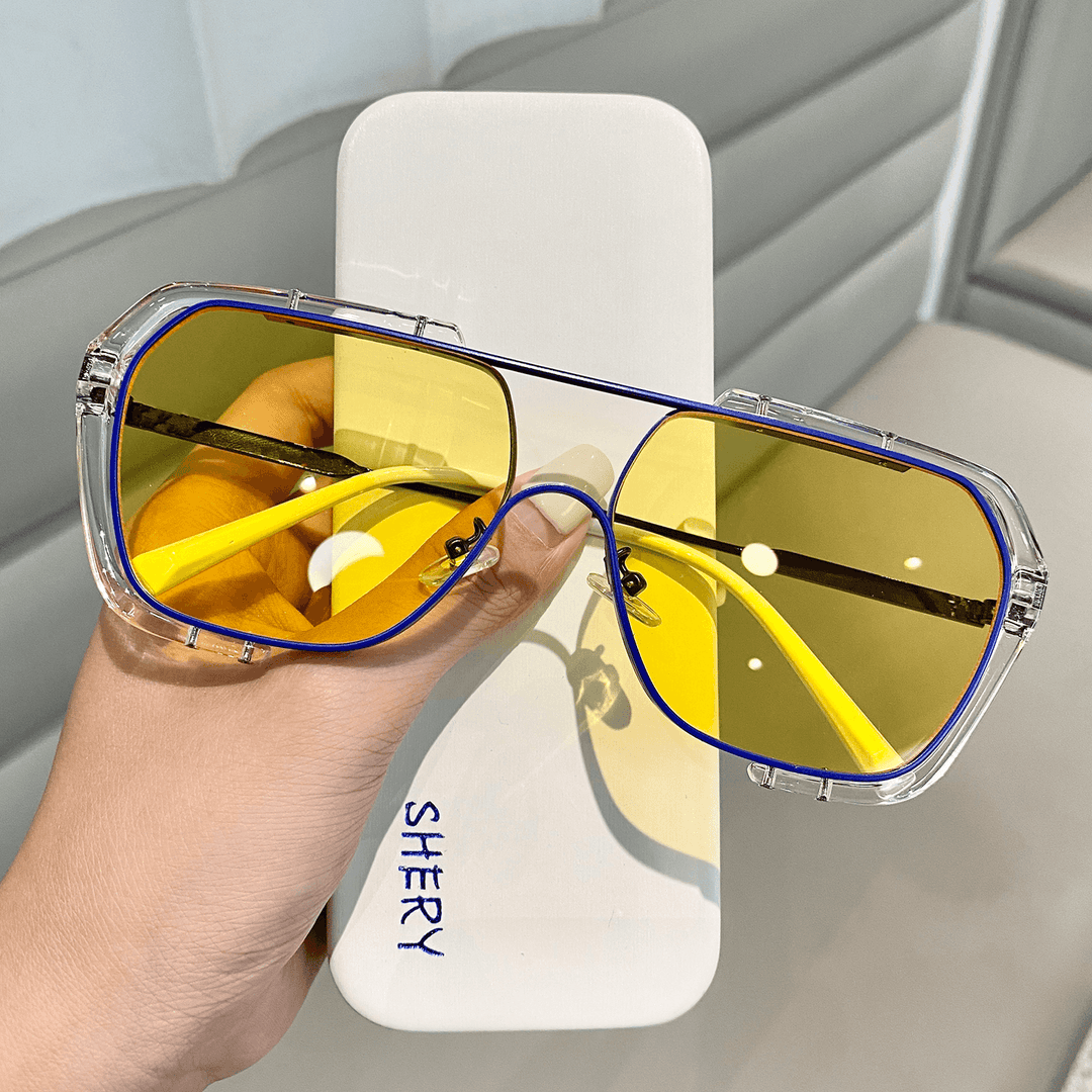One-Piece Big Frame Square Sunglasses Female Yellow Sunglasses for Men Driving Uv Protection - MRSLM