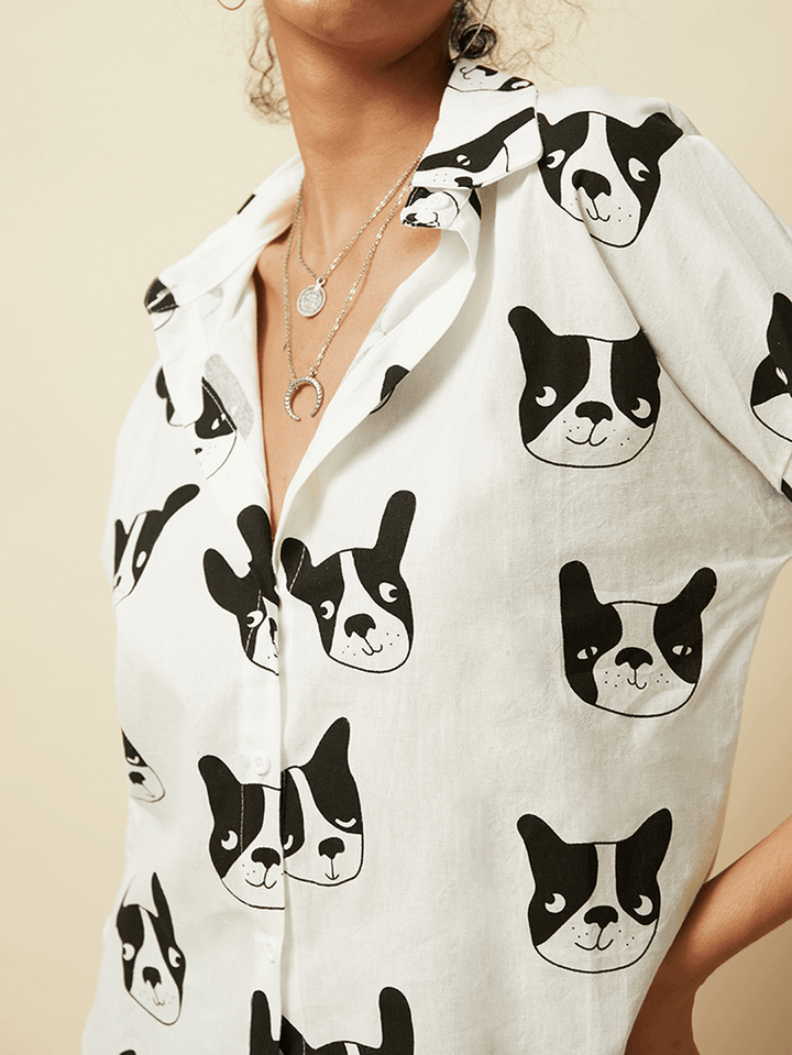 Cartoon Dog Animal Print Button down Long Sleeve Irregular Hem Casual Blouse for Women - MRSLM