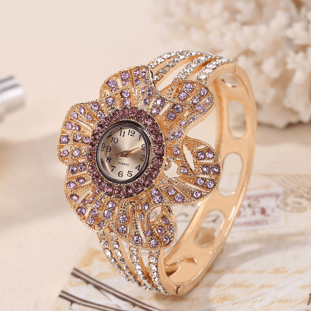 Fashion Crystal Flower Shape Dial Hollow Metal Strap Women Quartz Watch - MRSLM