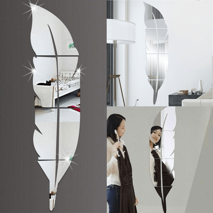 3D Mirror Vinyl Feather Wall Sticker Decal DIY Room Art Mural Removable Wall Paper Home Decor - MRSLM