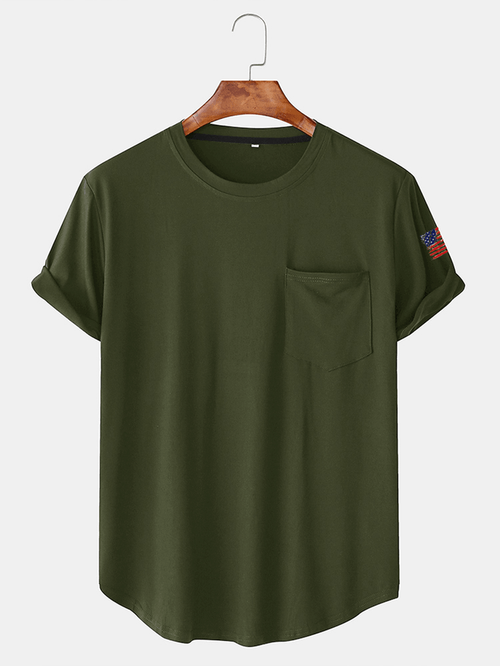 Mens Solid Color American Flag Sleeve Curved Hem T-Shirt with Pocket - MRSLM