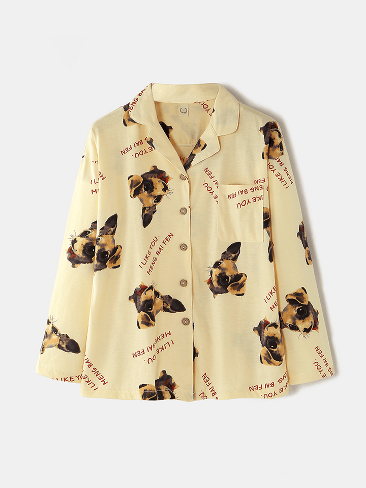 Women Dog Pattern Slogan Print Long Sleeve Pocket Home Long Sleeve Cotton Pajama Set - MRSLM