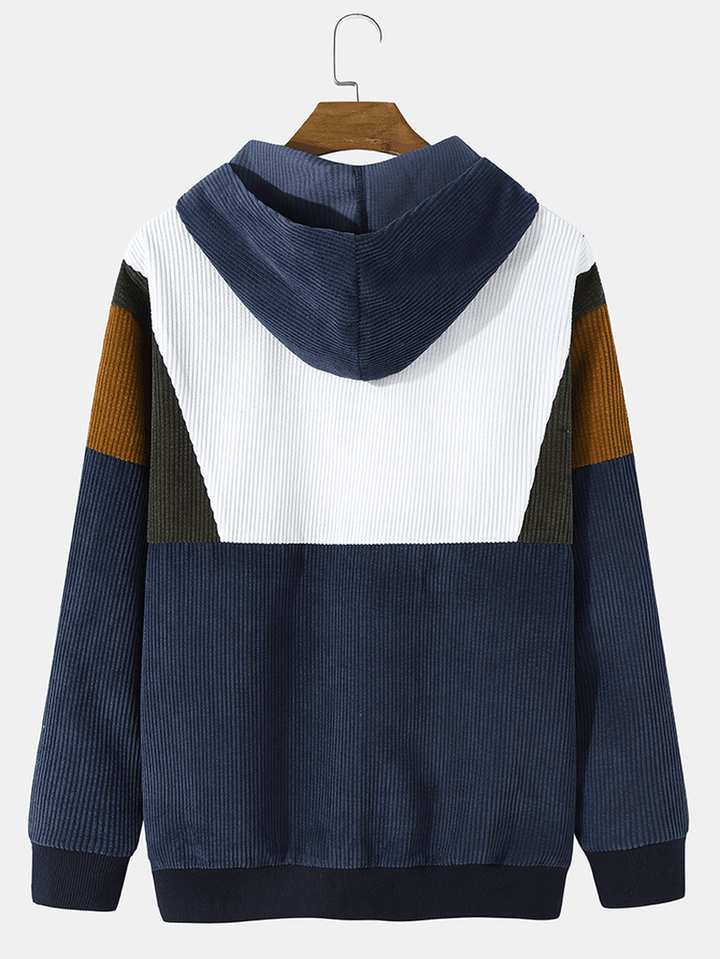 Mens Preppy Style Color Block Half-Zip Corduroy Hooded Sweatshirt - MRSLM