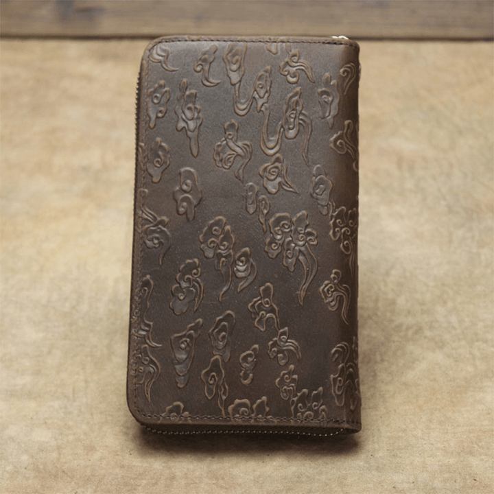 Men Genuine Leather Cowhide Dragon Pattern Retro Multi-Slot Long Clutch Purse Card Holder Wallet - MRSLM