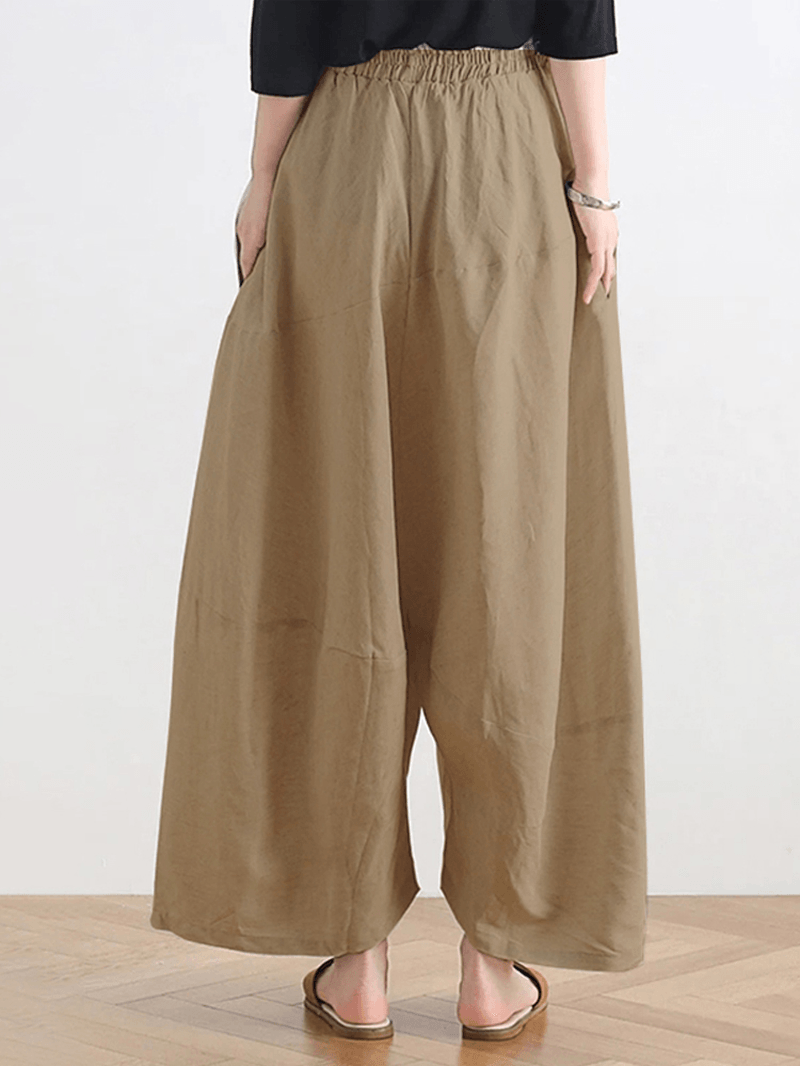 Women Solid Color Patchwork Elastic Waist Casual Wide Leg Pants with Side Pockets - MRSLM