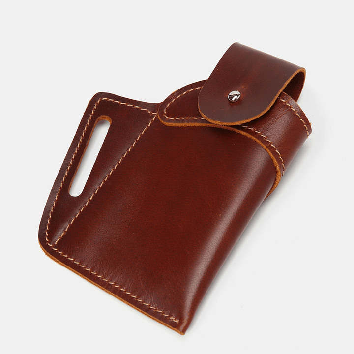 Men Genuine Leather Retro 5.3 Inch Small Phone Bag Solid Color Belt Bag Waist Bag - MRSLM