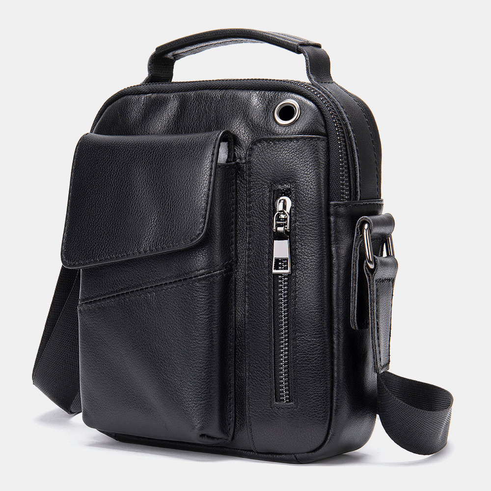 Men Genuine Leather Multi-Pockets Earphone Hole Vintage Waterproof Crossbody Bags Shoulder Bags - MRSLM
