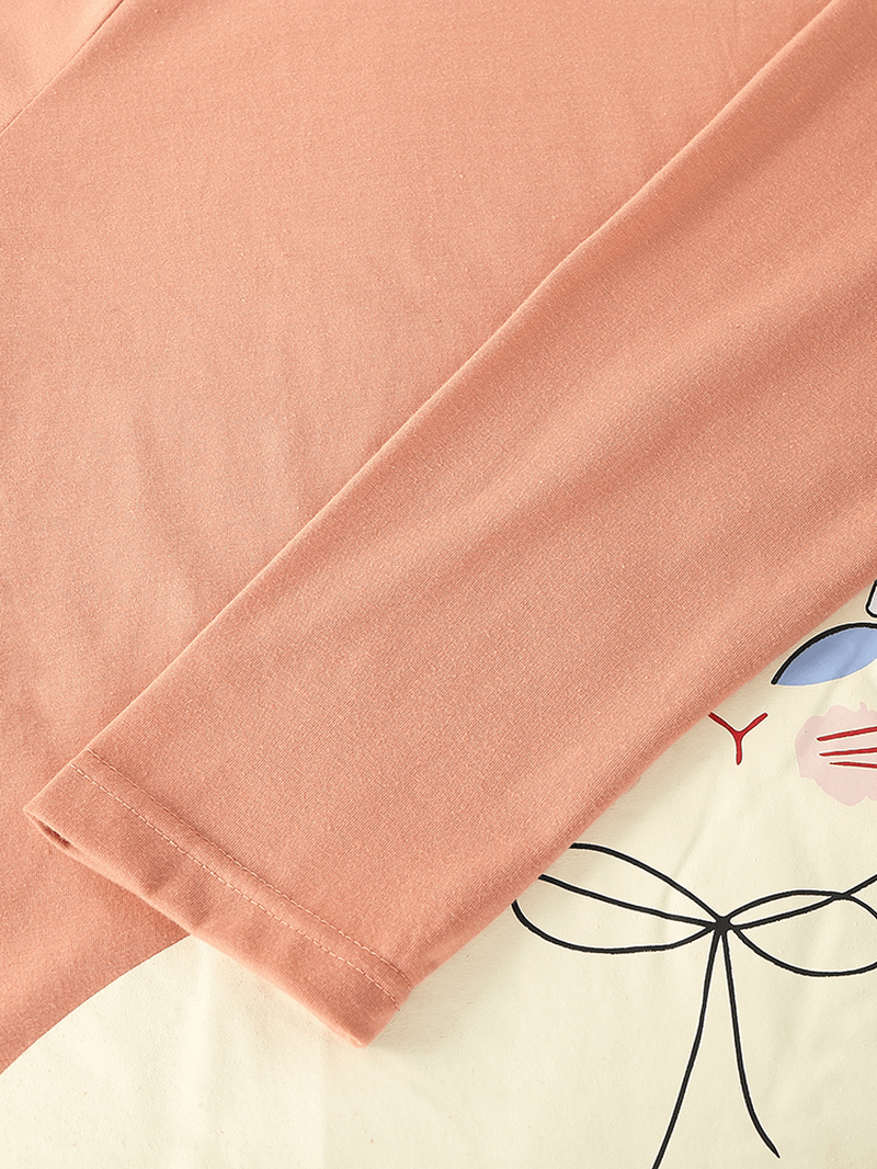 Women Cartoon Cat Solid Color Elastic Waist Loose Pants Home Pajamas Set - MRSLM
