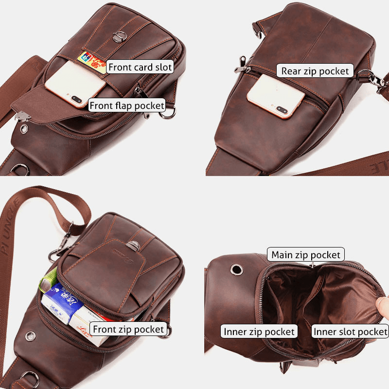 Men First Layer Cowhide Multi-Pocket Anti-Theft Chest Bag Waist Bag Crossbody Shoulder Bag - MRSLM
