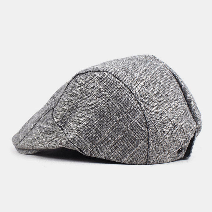 Unisex Cotton-Linen Plaid Pattern Outdoor Sunshade Breathable Beret Cap Flat Hat Forward Hat - MRSLM