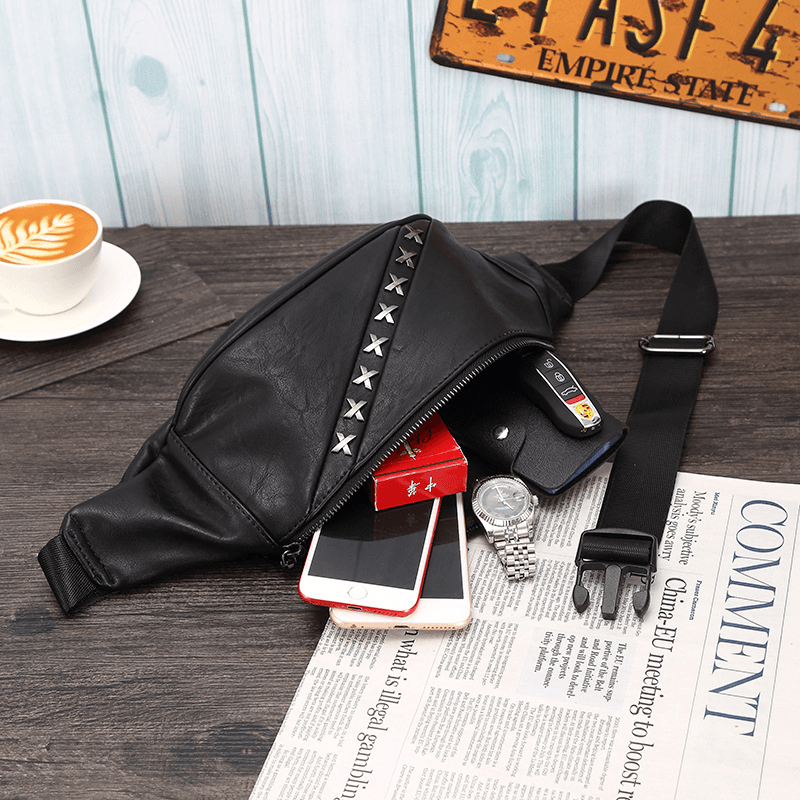 Men PU Leather Multifunction Anti-Theft Pocket Waist Bag All-Match Rivet Decorate Waterproof Chest Bag Crossbody Bag - MRSLM