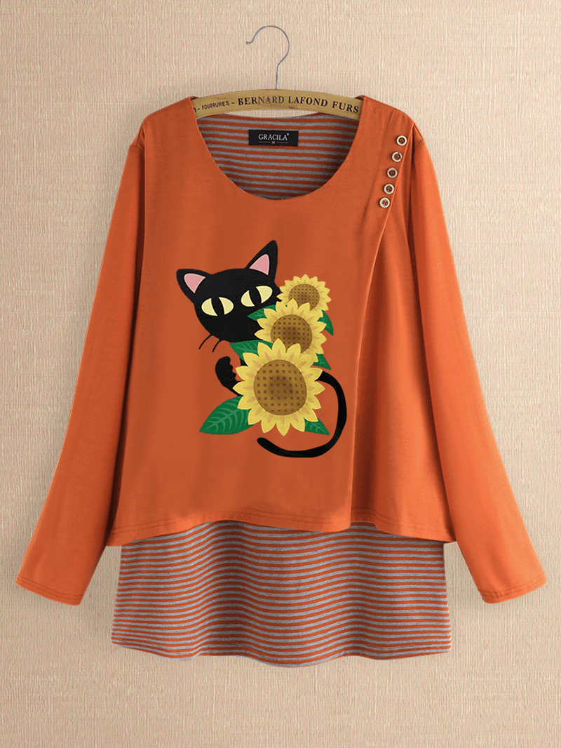 Casual Print Cats Flower Patch Striped Blouse - MRSLM
