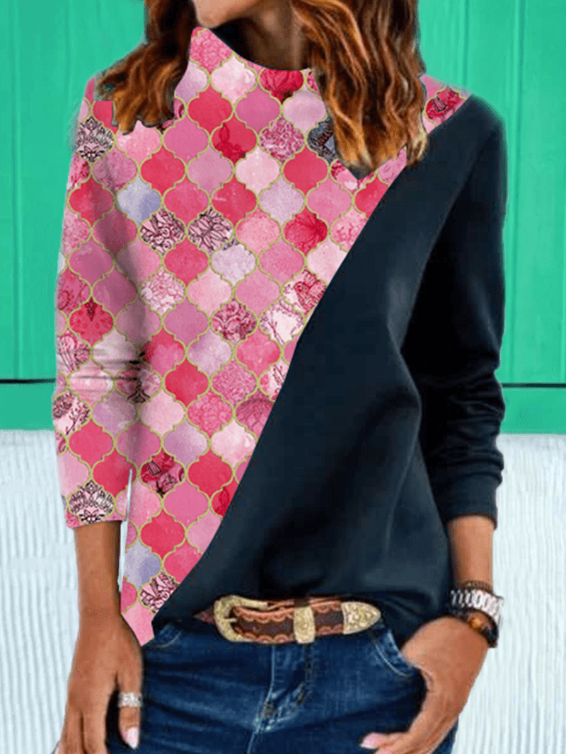 Women Geometry Graphic Patchwork Ethnic Style Heaps Collar Sweatshirts - MRSLM
