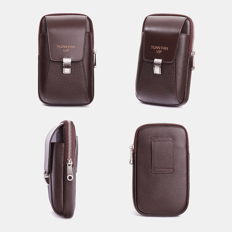Men Vintage Lightweight Multi-Pocket Genuine Leather Mini Wallet Purse 6.5 Inch Phone Bag Waist Bag - MRSLM