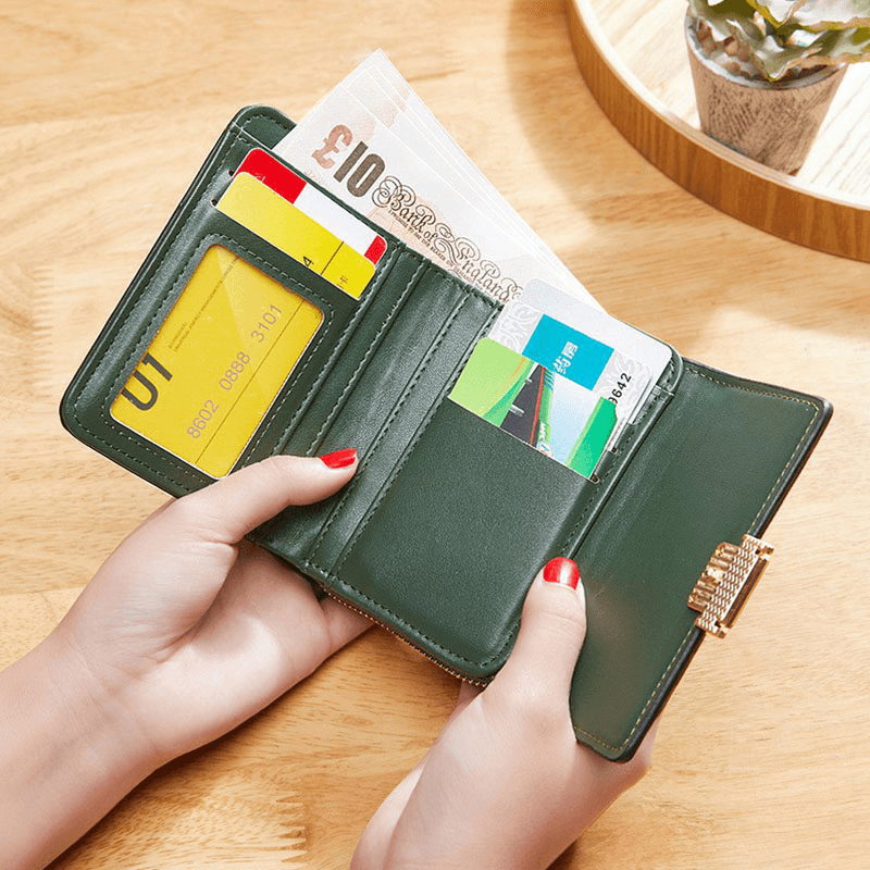 Women PU Leather Embroidery Multi-Card Slot Organ Card Case Short Trifold Money Clip Zipper Coin Purse Wallet - MRSLM