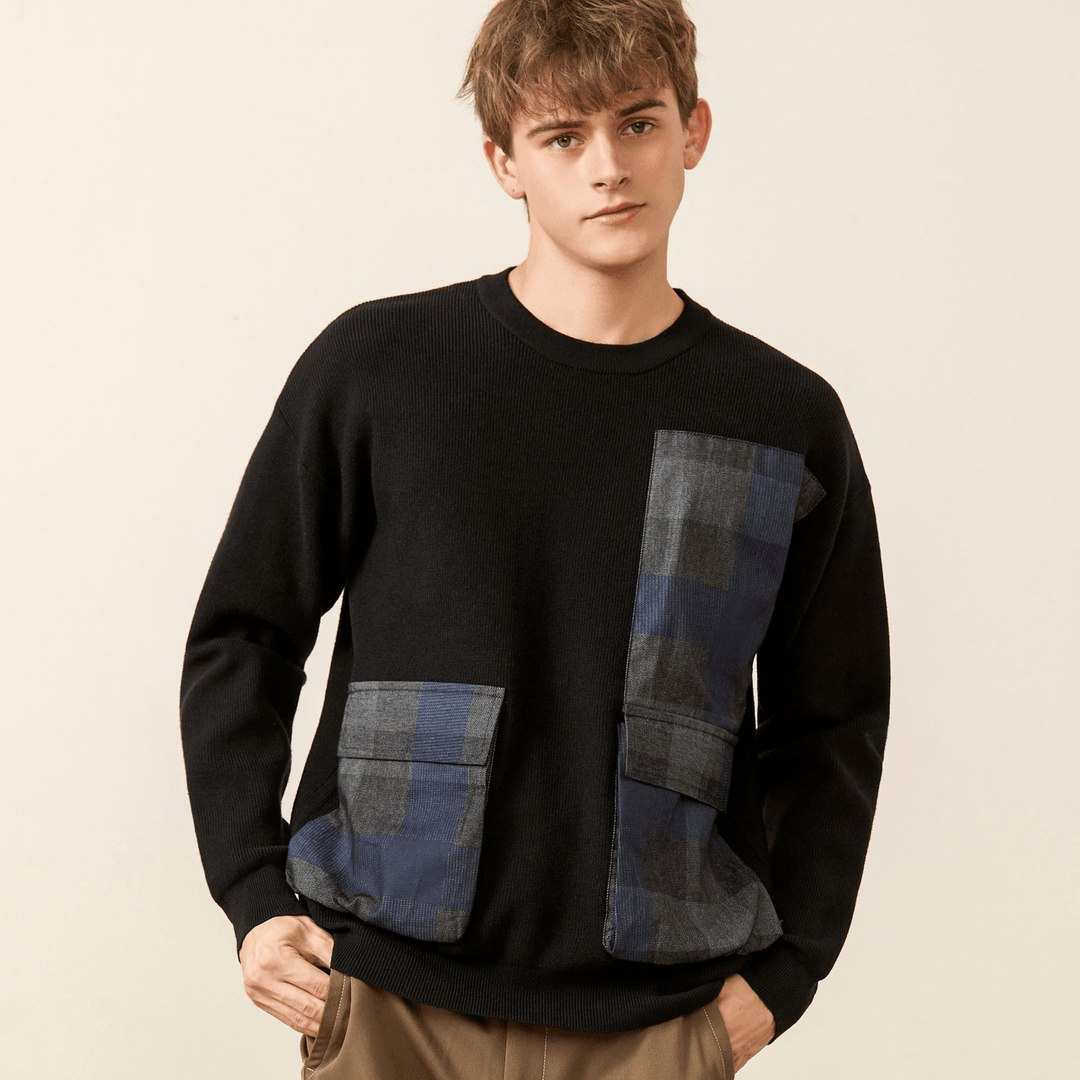 Youth Symmetrical Plaid Big Pocket Decorated Sweater Men - MRSLM