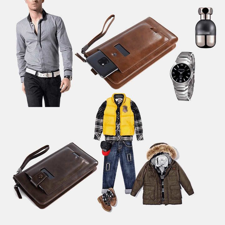 Men Faux Leather Retro Business 6.3 Inch Phone Bag Hand Carry Wallet Clutch Bag with Wrist Strap - MRSLM